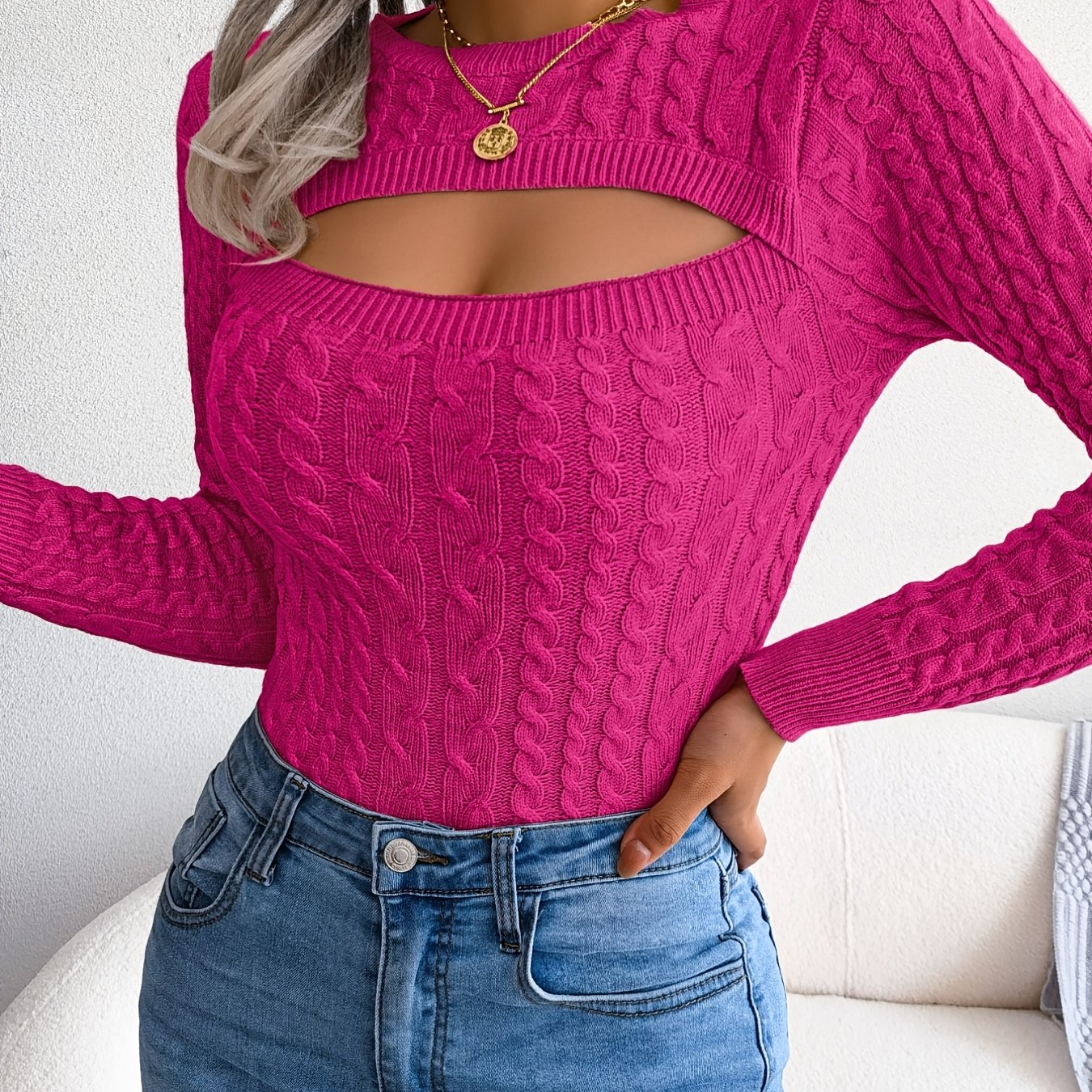 Pull sexy en maille ajourée pour femme, manches longues, col rond, coupe ajustée, mélange acrylique (28 % polyester, 22 % polyamide, 28 % viscose), tissu très extensible, couleur unie, top tendance printemps/automne