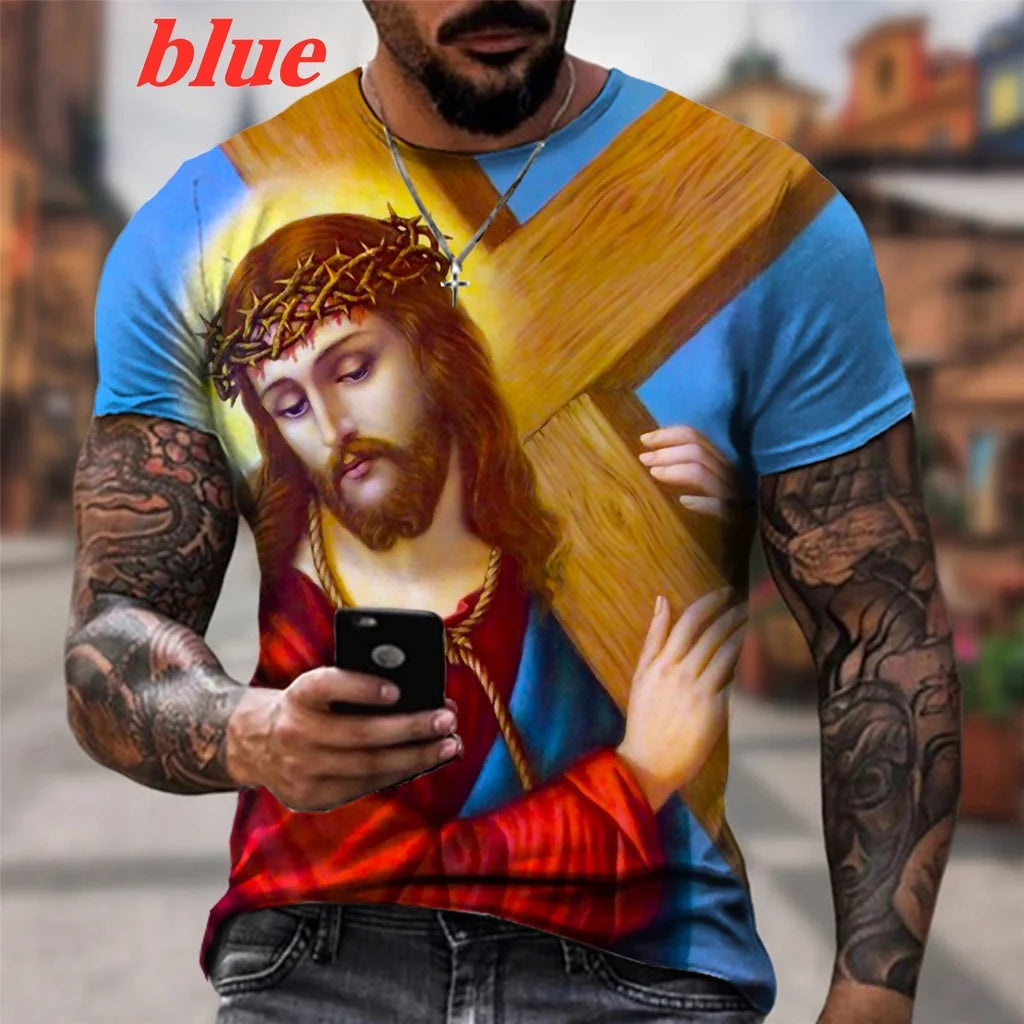 T-shirt à manches courtes pour homme, imprimé en 3D, motif croix et Jésus, nouvelle collection 2025