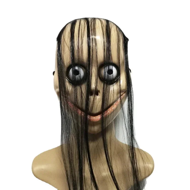 Masque d'horreur d'Halloween de haute qualité avec cheveux longs, masque drôle en forme de V avec cheveux, masque fantôme féminin, accessoires de jeu de rôle
