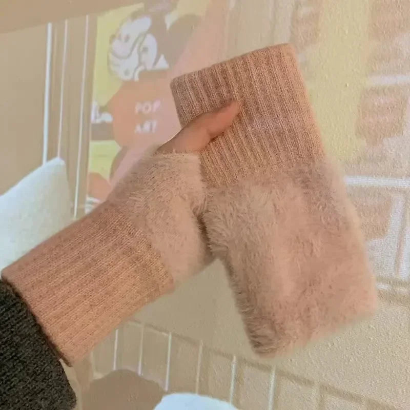 Gants demi-doigts en polaire de vison pour femmes, doux et chauds en hiver, couleur unie luxueuse, tricotés en peluche douce et sans doigts