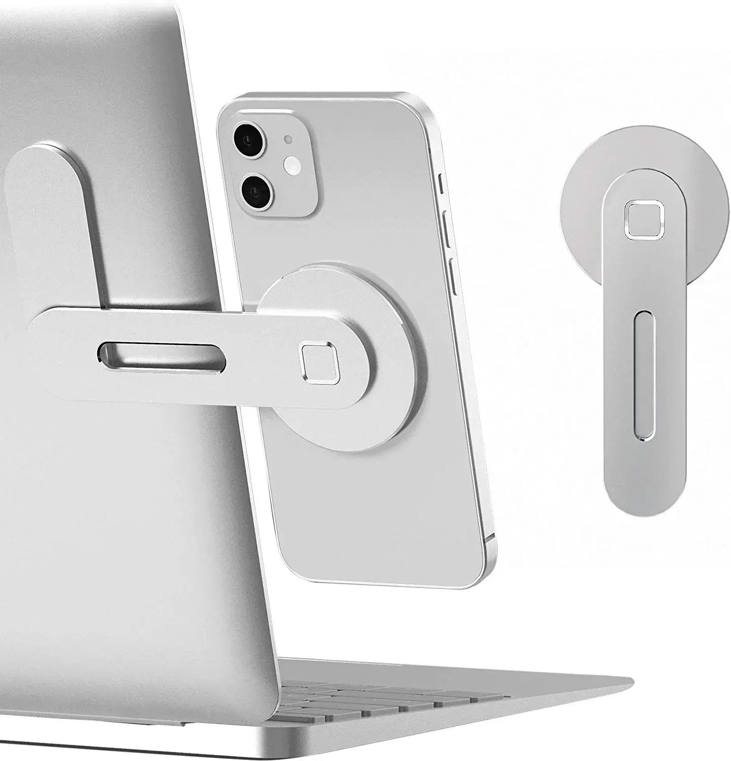 Support magnétique pour ordinateur portable et téléphone (2024) : fixation latérale, fin et pliable, compatible avec les iPhone 14, 13 et 12, et tous les autres modèles de téléphone.