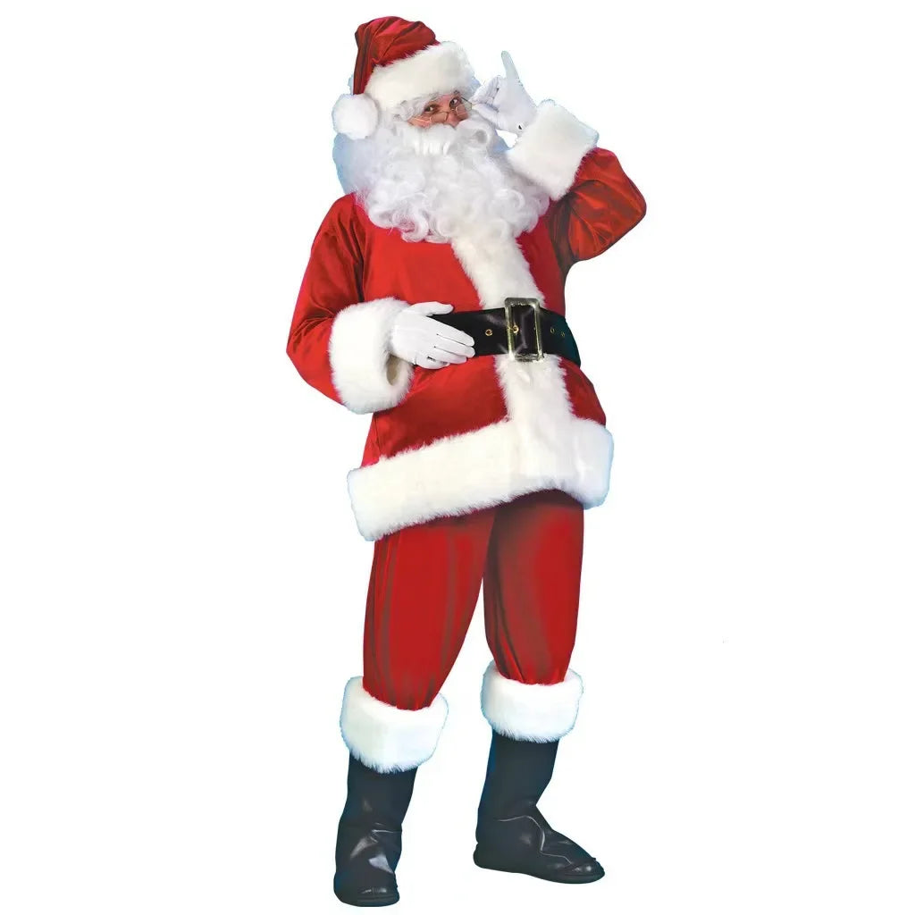 Costume de Père Noël pour homme et femme, déguisement de fête, rouge, avec manteau, pantalon, ceinture, chapeau
