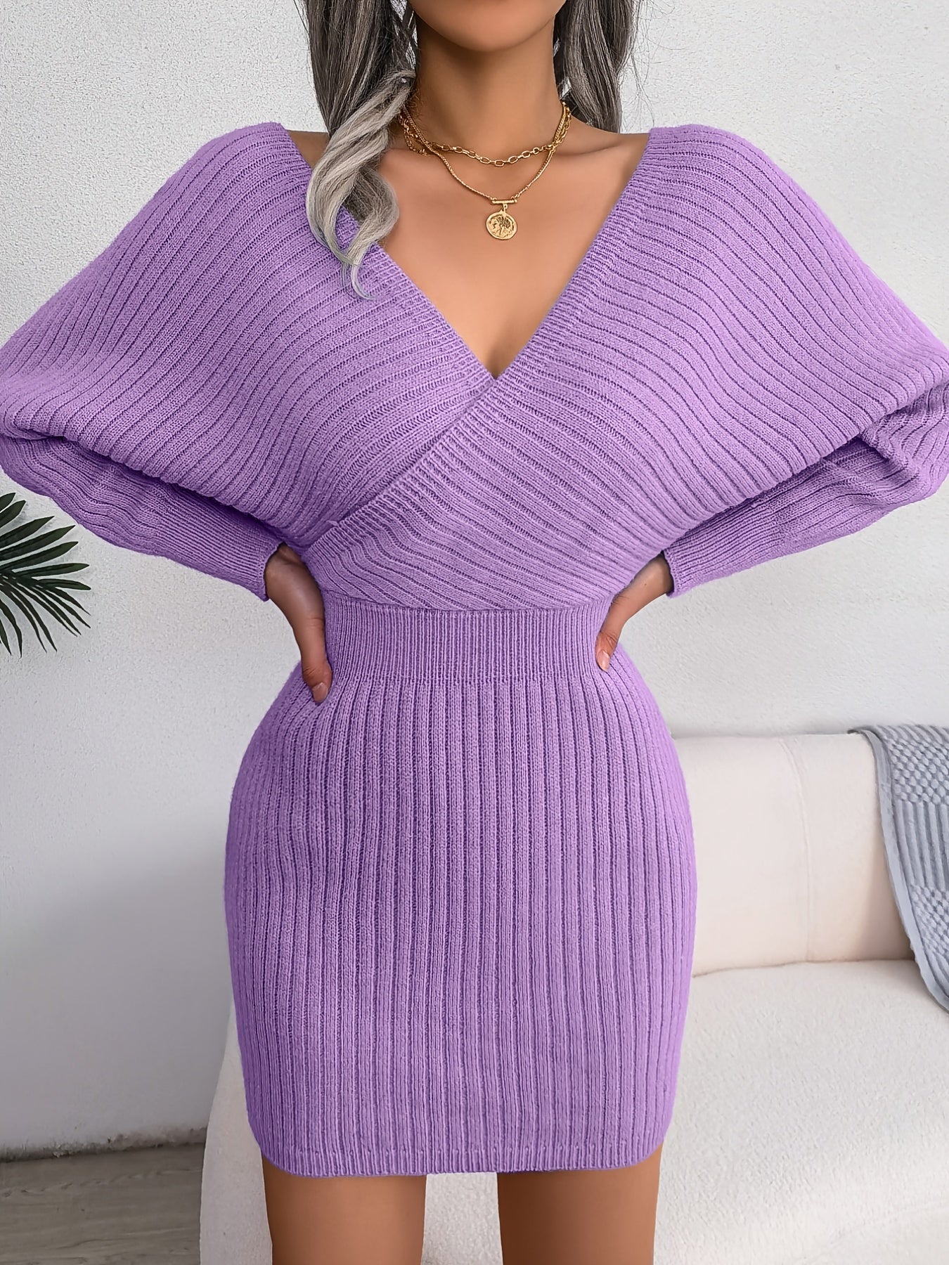 Robe pull moulante sexy à col en V croisé, manches chauve-souris, col croisé uni, robes sexy croisées, vêtements pour femmes