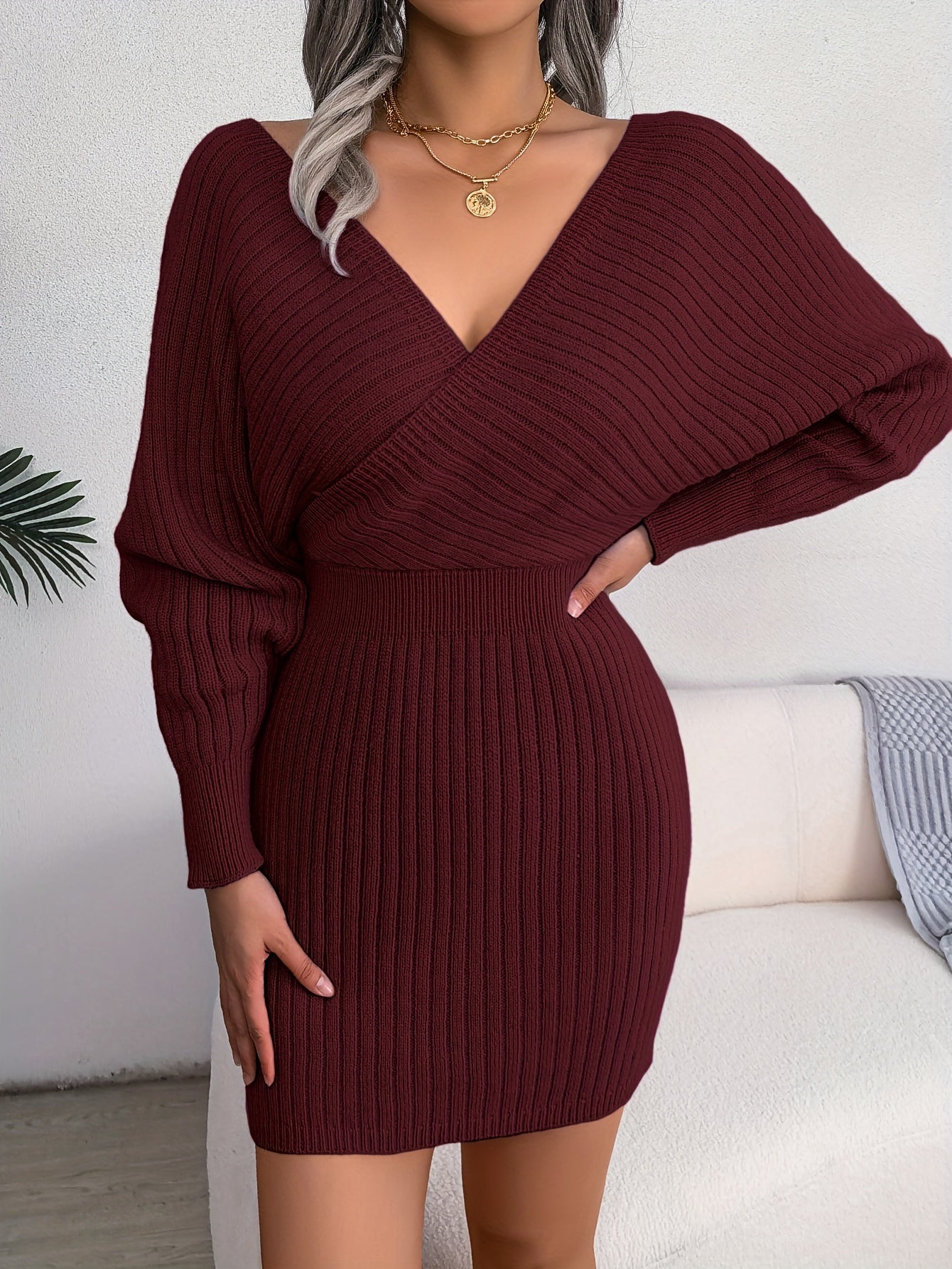 Robe pull moulante sexy à col en V croisé, manches chauve-souris, col croisé uni, robes sexy croisées, vêtements pour femmes