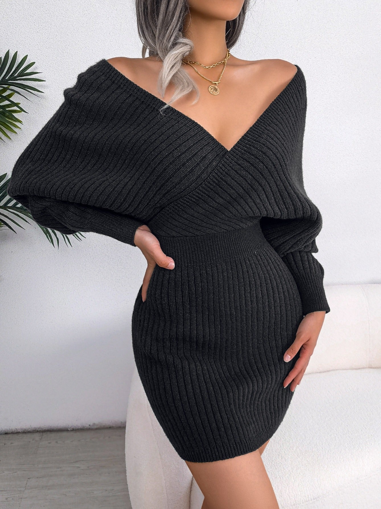 Robe pull moulante sexy à col en V croisé, manches chauve-souris, col croisé uni, robes sexy croisées, vêtements pour femmes