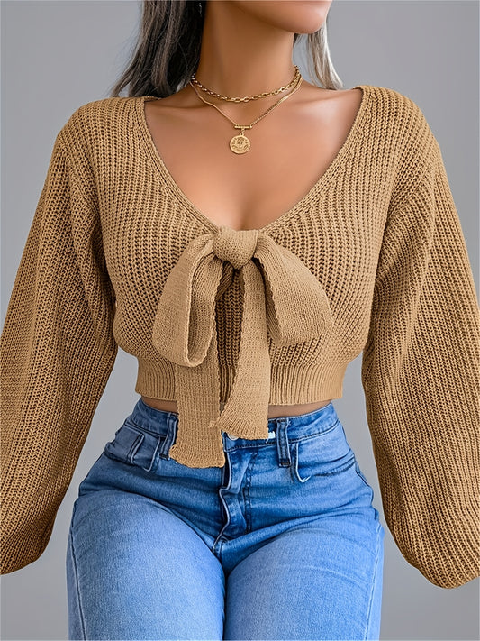 Pull femme automne-hiver à col V et manches lanternes - Vert olive uni, orné d'un nœud papillon - Coupe classique et décontractée - Tissu extensible moyen - Manches courtes - Idéal pour une tenue décontractée - Pull m