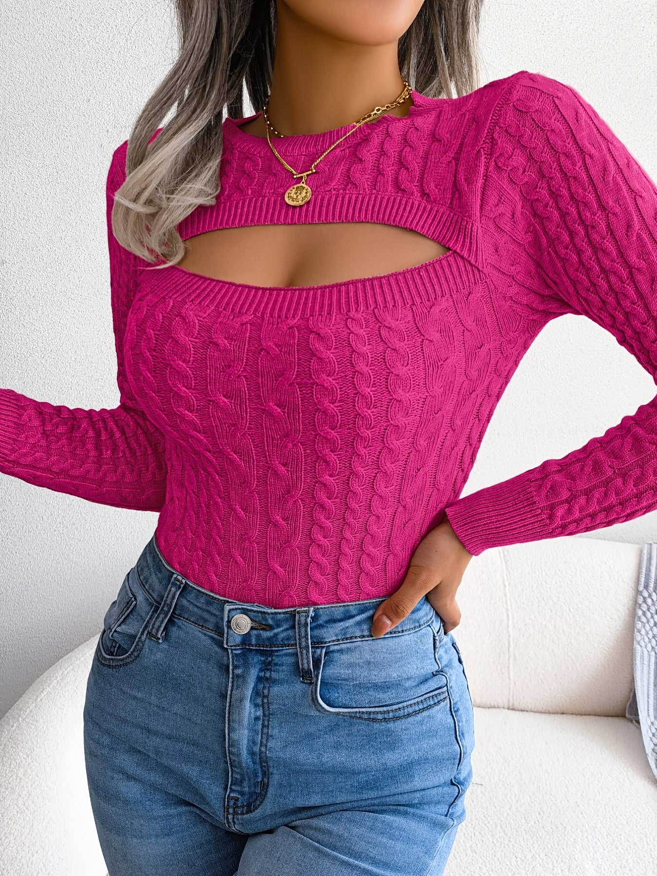 Pull sexy en maille ajourée pour femme, manches longues, col rond, coupe ajustée, mélange acrylique (28 % polyester, 22 % polyamide, 28 % viscose), tissu très extensible, couleur unie, top tendance printemps/automne