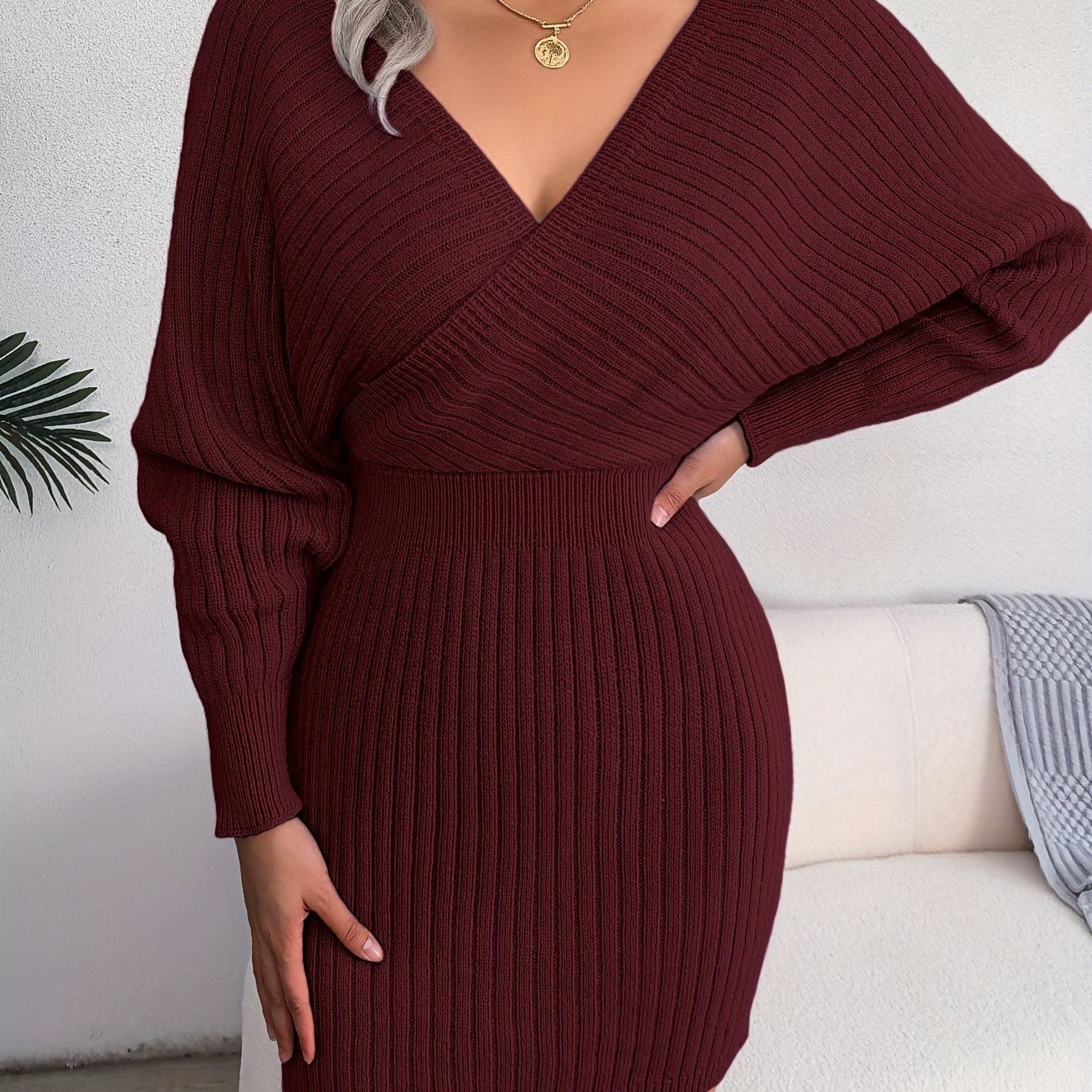 Robe pull moulante sexy à col en V croisé, manches chauve-souris, col croisé uni, robes sexy croisées, vêtements pour femmes