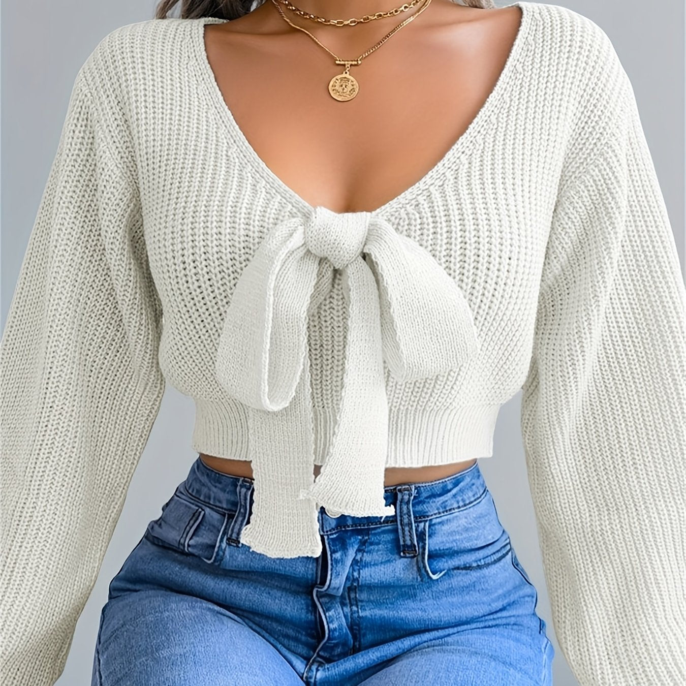 Pull femme automne-hiver à col V et manches lanternes - Vert olive uni, orné d'un nœud papillon - Coupe classique et décontractée - Tissu extensible moyen - Manches courtes - Idéal pour une tenue décontractée - Pull m