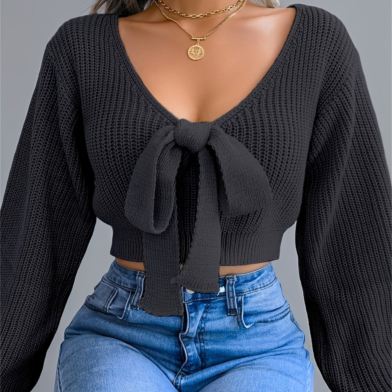 Pull femme automne-hiver à col V et manches lanternes - Vert olive uni, orné d'un nœud papillon - Coupe classique et décontractée - Tissu extensible moyen - Manches courtes - Idéal pour une tenue décontractée - Pull m
