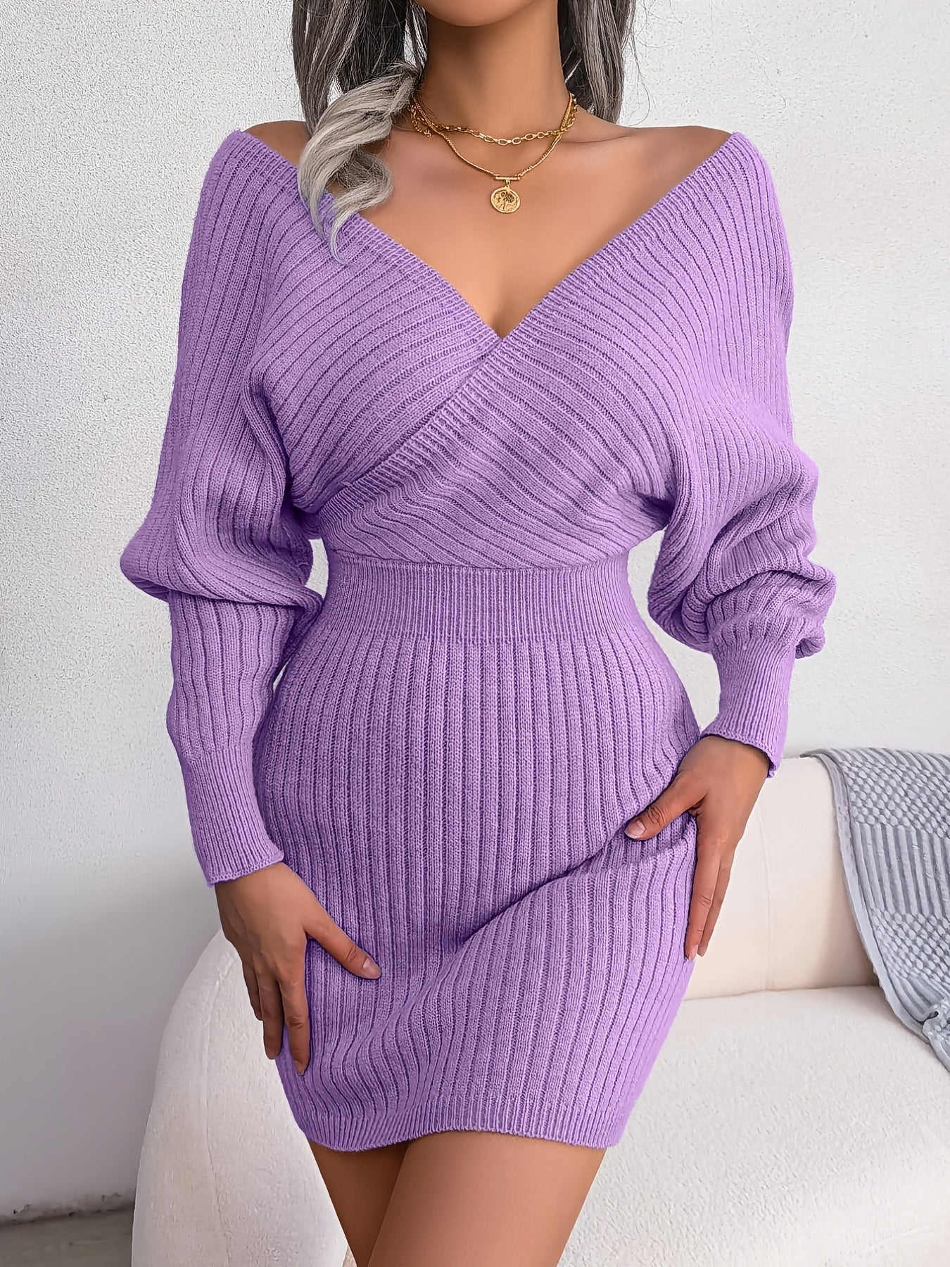 Robe pull moulante sexy à col en V croisé, manches chauve-souris, col croisé uni, robes sexy croisées, vêtements pour femmes