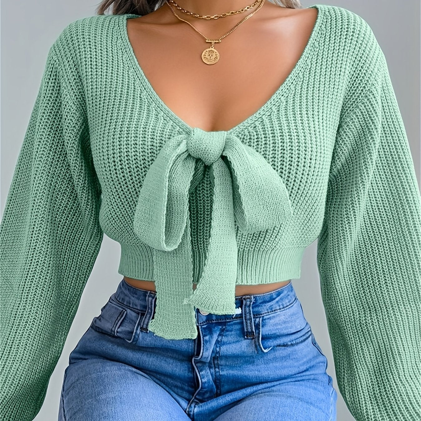 Pull femme automne-hiver à col V et manches lanternes - Vert olive uni, orné d'un nœud papillon - Coupe classique et décontractée - Tissu extensible moyen - Manches courtes - Idéal pour une tenue décontractée - Pull m