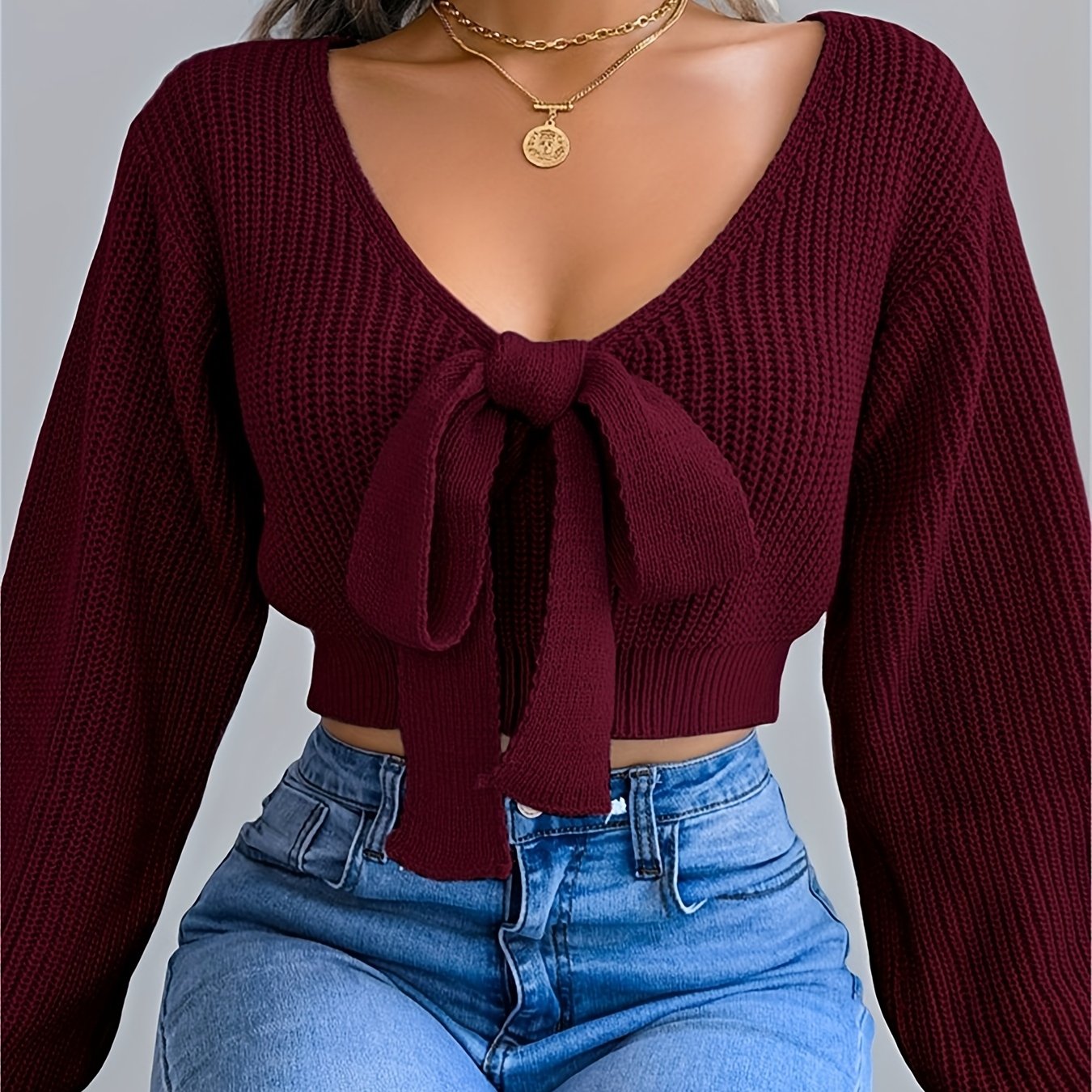 Pull femme automne-hiver à col V et manches lanternes - Vert olive uni, orné d'un nœud papillon - Coupe classique et décontractée - Tissu extensible moyen - Manches courtes - Idéal pour une tenue décontractée - Pull m