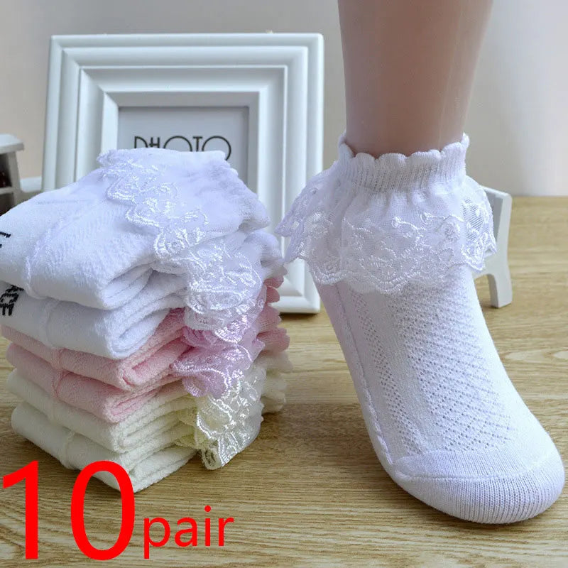 Lot de 10 paires de chaussettes pour bébé fille, en dentelle, à volants, en maille princesse, courtes, respirantes, en coton, blanches, roses et bleues