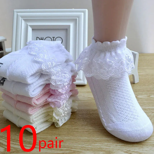 Lot de 10 paires de chaussettes pour bébé fille, en dentelle, à volants, en maille princesse, courtes, respirantes, en coton, blanches, roses et bleues