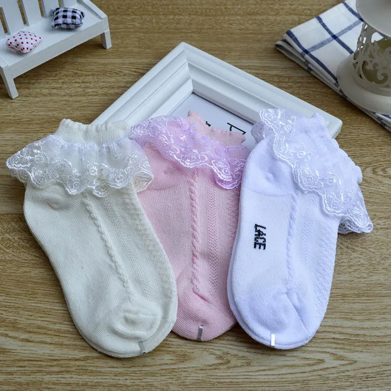 Lot de 10 paires de chaussettes pour bébé fille, en dentelle, à volants, en maille princesse, courtes, respirantes, en coton, blanches, roses et bleues