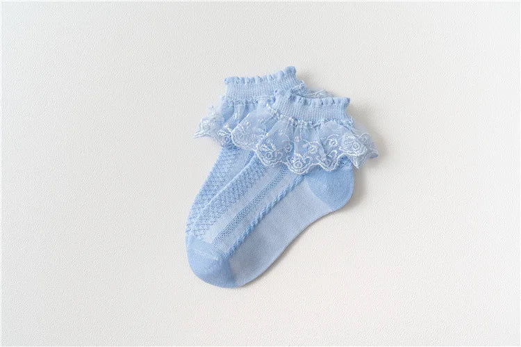 Lot de 10 paires de chaussettes pour bébé fille, en dentelle, à volants, en maille princesse, courtes, respirantes, en coton, blanches, roses et bleues