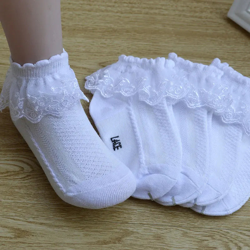 Lot de 10 paires de chaussettes pour bébé fille, en dentelle, à volants, en maille princesse, courtes, respirantes, en coton, blanches, roses et bleues