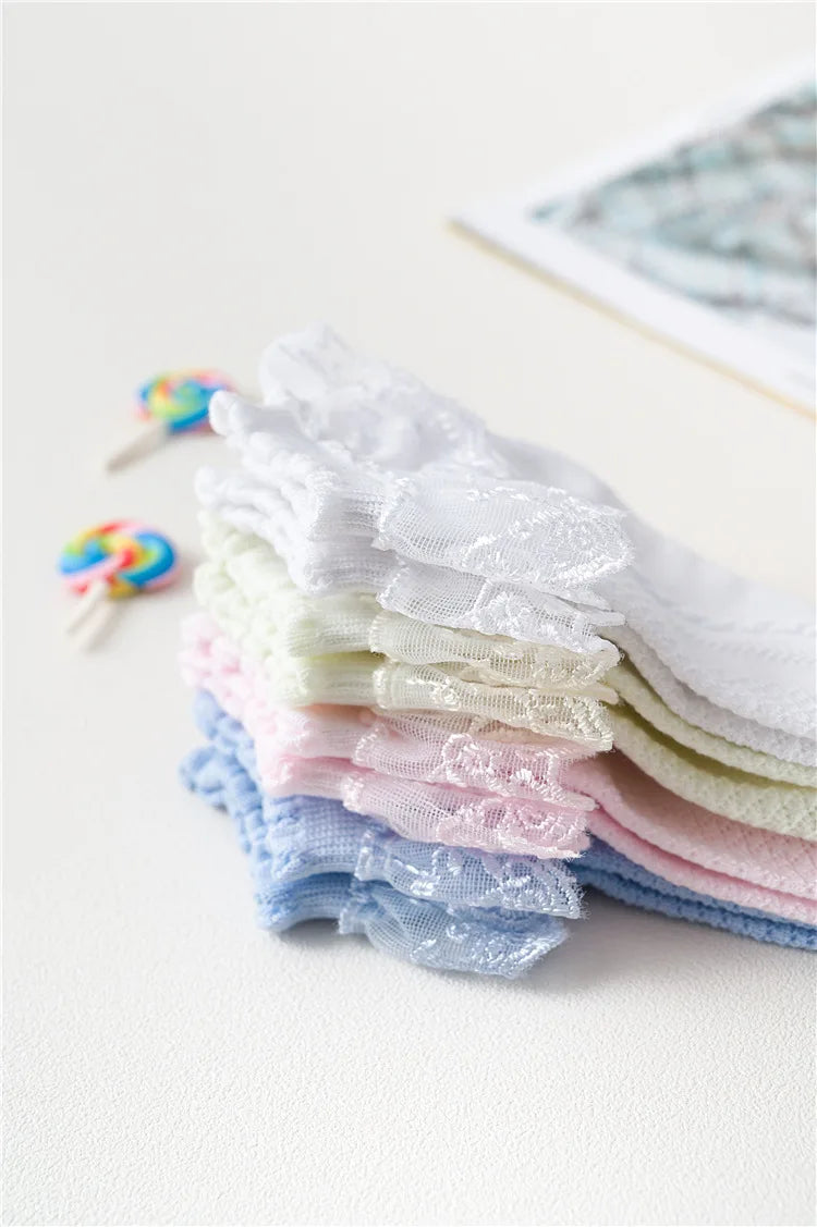 Lot de 10 paires de chaussettes pour bébé fille, en dentelle, à volants, en maille princesse, courtes, respirantes, en coton, blanches, roses et bleues