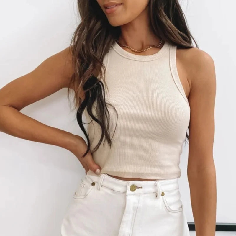 Débardeur côtelé blanc pour femme, haut court décontracté, couleur bonbon, épaules dénudées, sexy, été 2024