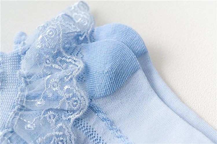 Lot de 10 paires de chaussettes pour bébé fille, en dentelle, à volants, en maille princesse, courtes, respirantes, en coton, blanches, roses et bleues