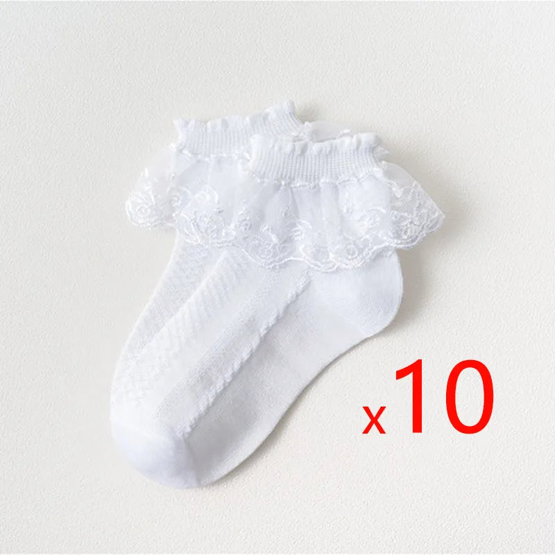 Lot de 10 paires de chaussettes pour bébé fille, en dentelle, à volants, en maille princesse, courtes, respirantes, en coton, blanches, roses et bleues