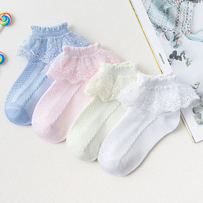 Lot de 10 paires de chaussettes pour bébé fille, en dentelle, à volants, en maille princesse, courtes, respirantes, en coton, blanches, roses et bleues