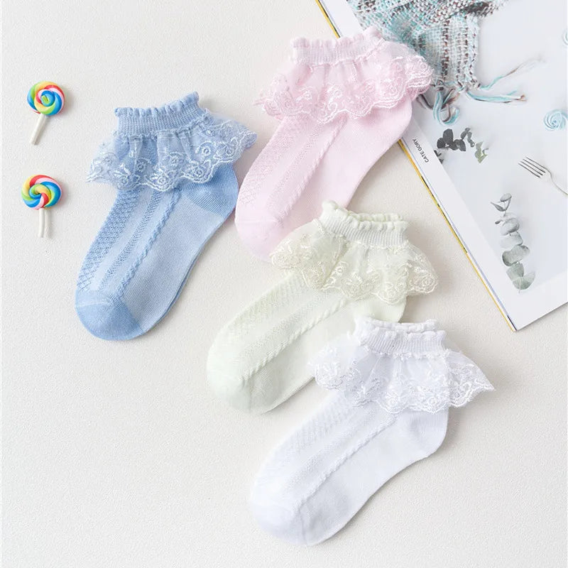 Lot de 10 paires de chaussettes pour bébé fille, en dentelle, à volants, en maille princesse, courtes, respirantes, en coton, blanches, roses et bleues