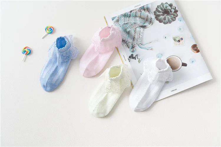 Lot de 10 paires de chaussettes pour bébé fille, en dentelle, à volants, en maille princesse, courtes, respirantes, en coton, blanches, roses et bleues