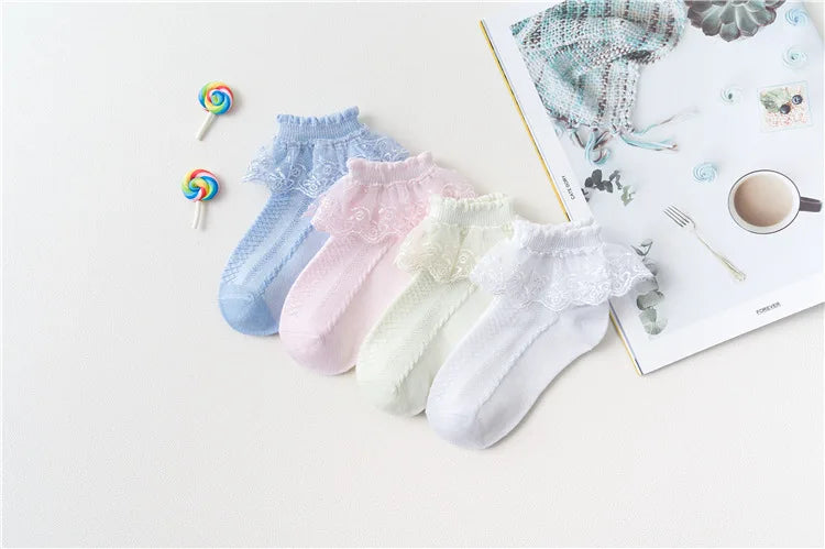 Lot de 10 paires de chaussettes pour bébé fille, en dentelle, à volants, en maille princesse, courtes, respirantes, en coton, blanches, roses et bleues