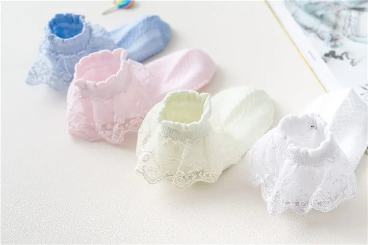Lot de 10 paires de chaussettes pour bébé fille, en dentelle, à volants, en maille princesse, courtes, respirantes, en coton, blanches, roses et bleues