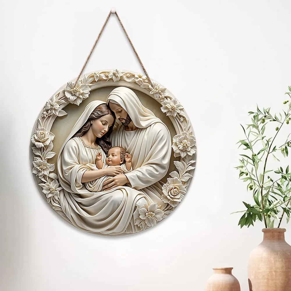 Crèche classique en bois représentant la Sainte Famille (Marie, Jésus et Joseph), décoration murale.