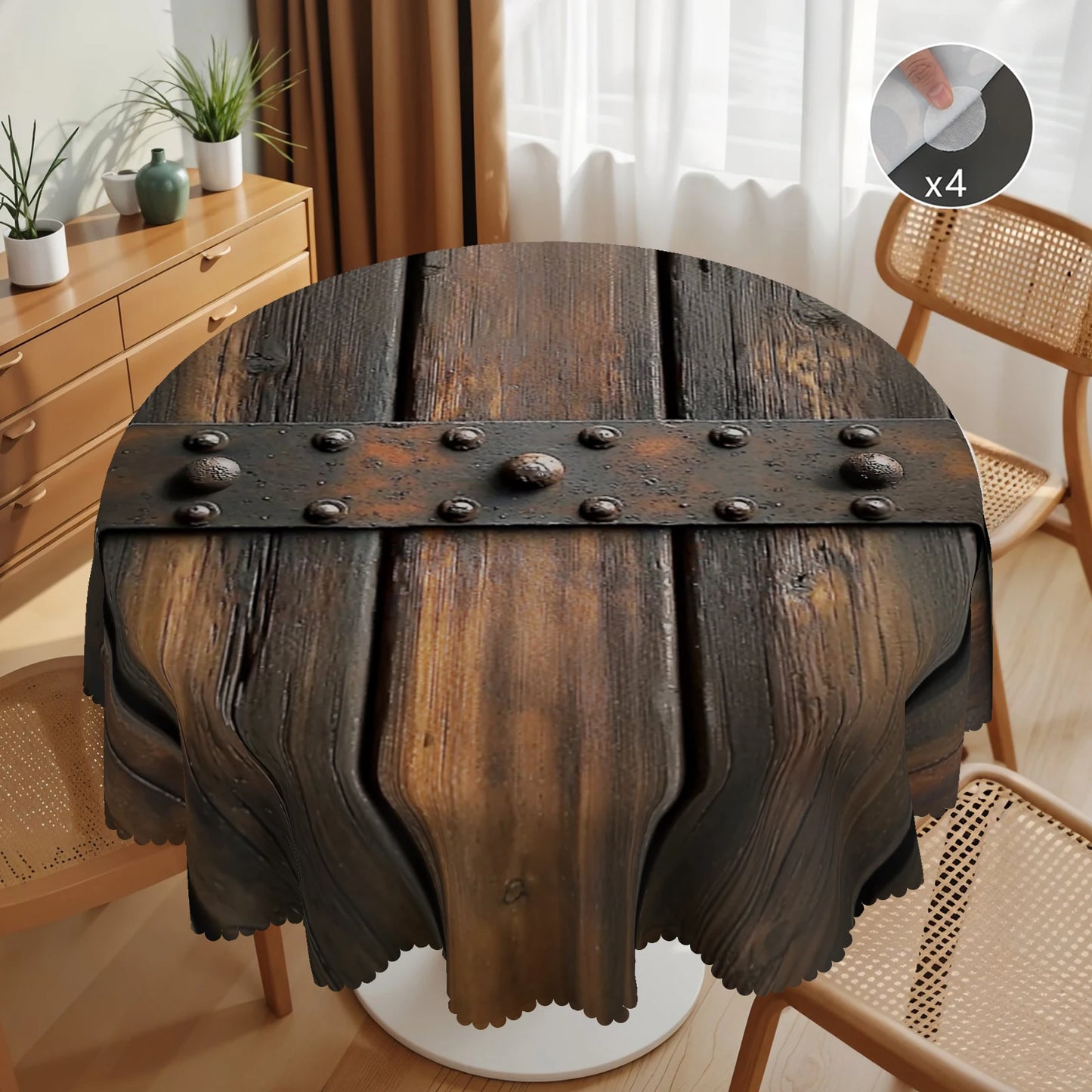 1 nappe en polyester à motif grain de bois avec bord festonné, idéale pour la décoration de la maison, de la cuisine ou de la chambre.