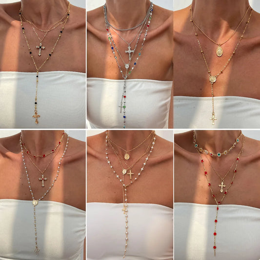Collier ras du cou simple avec pendentif croix de Jésus pour femme, chaîne en cristal coloré tendance, bijoux chrétiens, cadeau, 2025