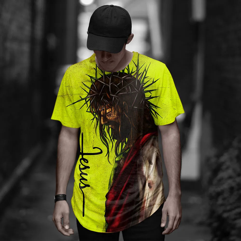 T-shirt homme imprimé en 3D avec croix de Jésus-Christ, style classique, manches courtes, coupe ample et décontractée, tendance streetwear.