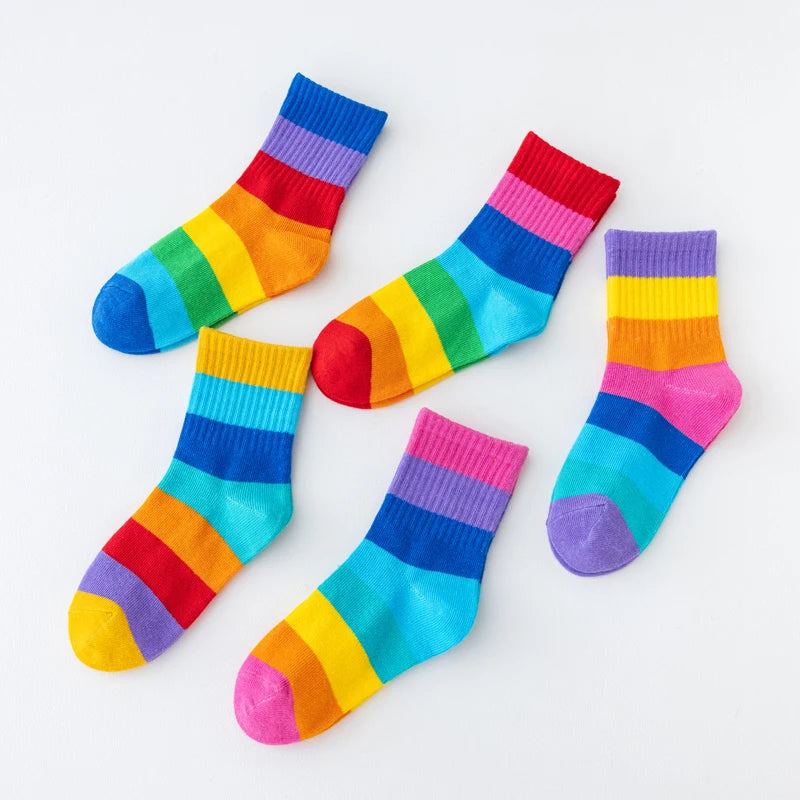 Lot de 5 paires de chaussettes arc-en-ciel pour fille, en coton, confortables, respirantes et douces