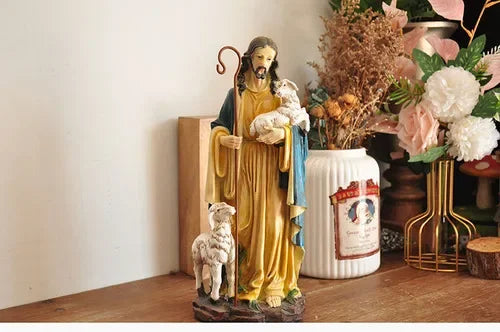 Figurine du Saint-Père Jésus, récits bibliques catholiques tenant un mouton, ornement pour la décoration de la maison ou du bureau, statue de croyance religieuse