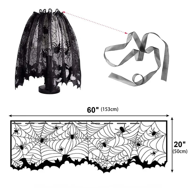 Nappe d'Halloween en dentelle noire avec toile d'araignée et chauve-souris, décoration de table familiale pour fête d'Halloween