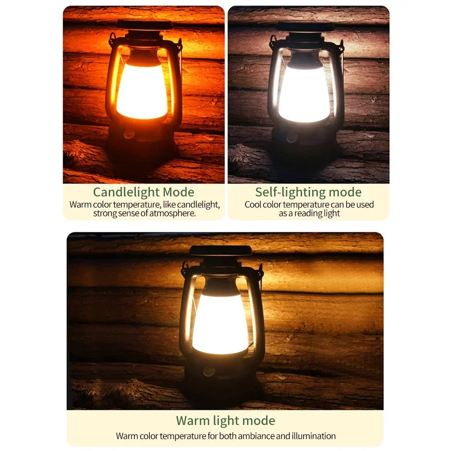 Lampe de camping portable rechargeable par USB et à énergie solaire, 3 modes d'éclairage, intensité variable, idéale pour une tente ou une tente