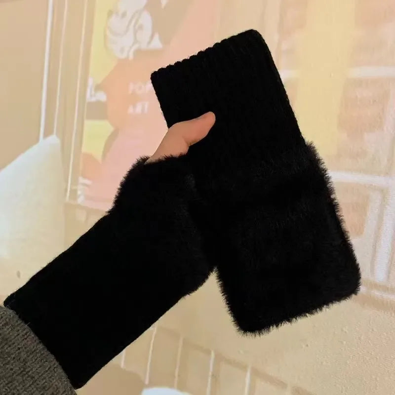 Gants demi-doigts en polaire de vison pour femmes, doux et chauds en hiver, couleur unie luxueuse, tricotés en peluche douce et sans doigts