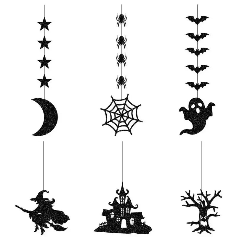 Lot de 6 guirlandes à suspendre pour Halloween, motif araignée, sorcière, fantôme, chauve-souris, décorations pour la maison