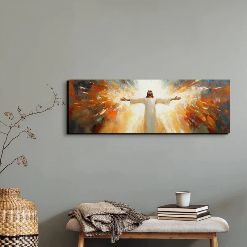 Impression sur toile murale Jésus - Toile mosaïque de Jésus les bras ouverts, lumière divine et spirituelle, affiche sur toile d'œuvre d'art chrétienne