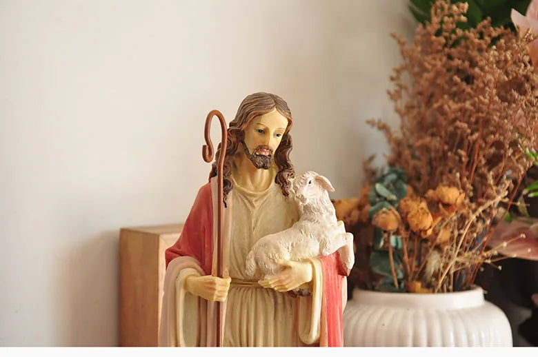 Figurine du Saint-Père Jésus, récits bibliques catholiques tenant un mouton, ornement pour la décoration de la maison ou du bureau, statue de croyance religieuse