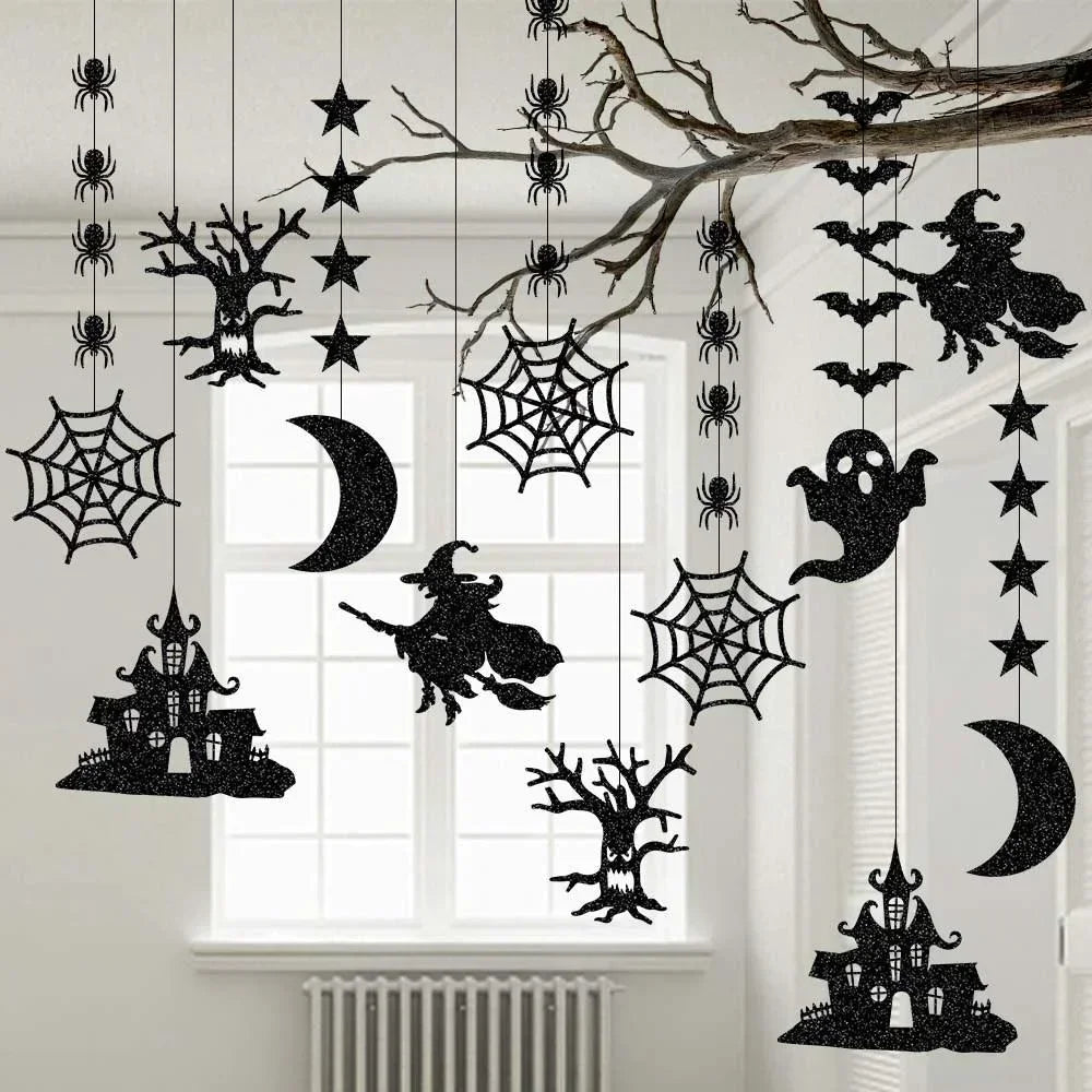 Lot de 6 guirlandes à suspendre pour Halloween, motif araignée, sorcière, fantôme, chauve-souris, décorations pour la maison