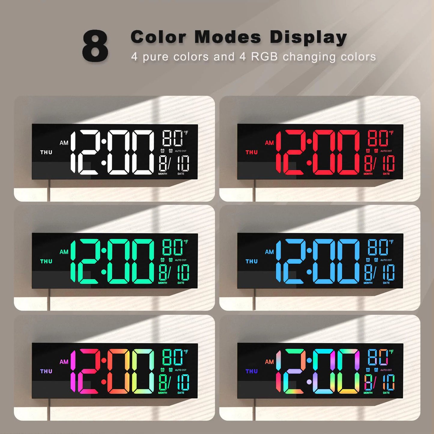 Horloge murale numérique de 16 pouces, grand écran LED avec télécommande, 8 couleurs RVB, alarme, heure d'été, température pour salon et cuisine.
