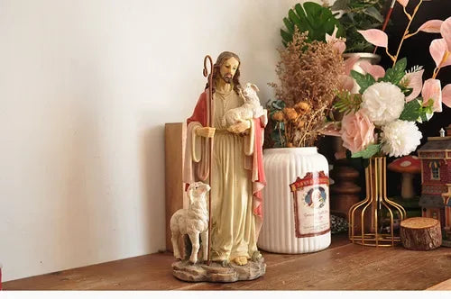 Figurine du Saint-Père Jésus, récits bibliques catholiques tenant un mouton, ornement pour la décoration de la maison ou du bureau, statue de croyance religieuse