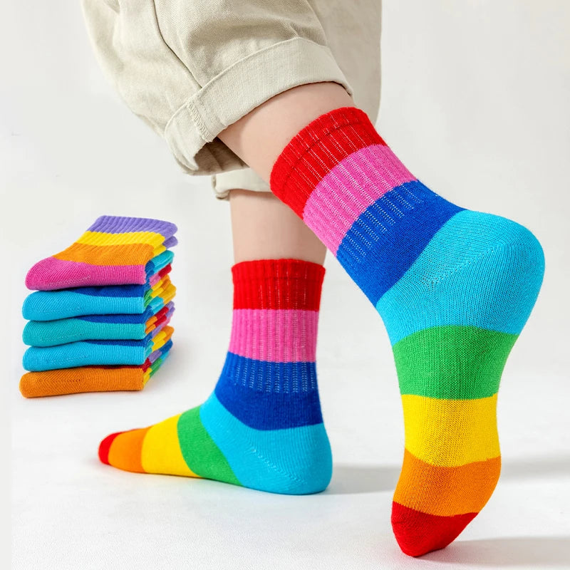 Lot de 5 paires de chaussettes arc-en-ciel pour fille, en coton, confortables, respirantes et douces