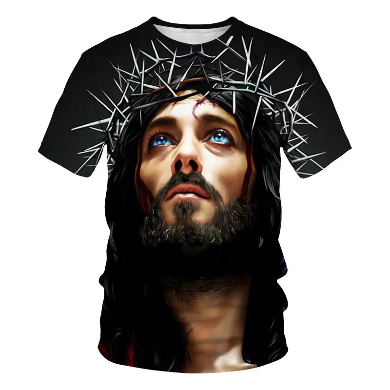 T-shirt homme imprimé en 3D avec croix de Jésus-Christ, style classique, manches courtes, coupe ample et décontractée, tendance streetwear.