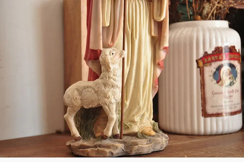 Figurine du Saint-Père Jésus, récits bibliques catholiques tenant un mouton, ornement pour la décoration de la maison ou du bureau, statue de croyance religieuse