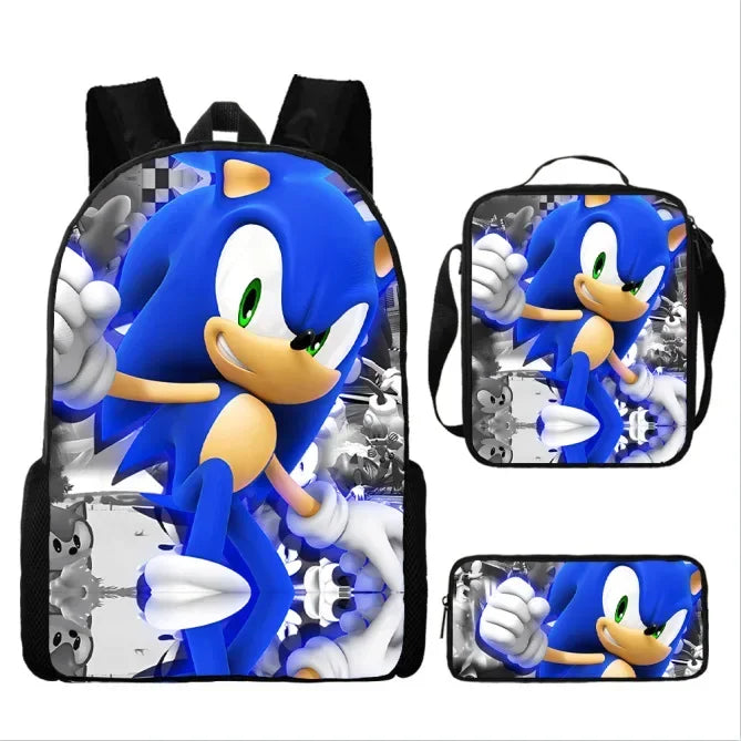 Ensemble de 3 sacs repas dessin animé, sac à déjeuner Sonic, sac à crayons, sac à dos pour élèves du primaire et du collège, sac d'école dessin animé Mochila